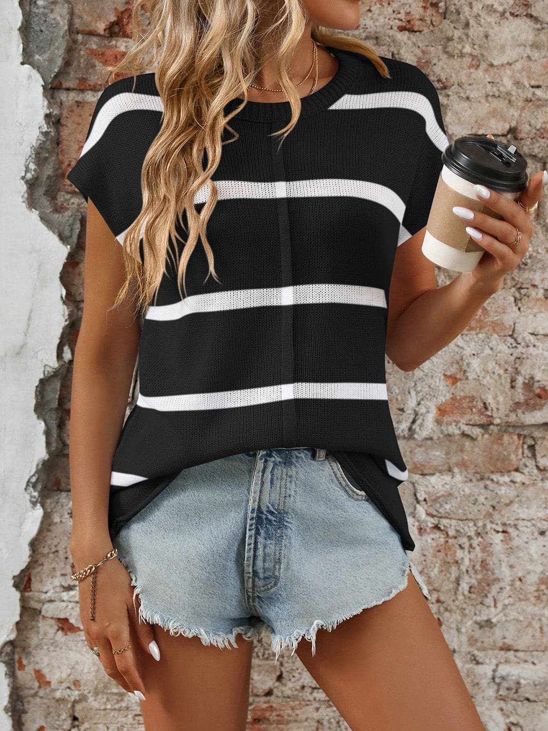 Chic striped knit top - round neck, short sleeves - Love Salve